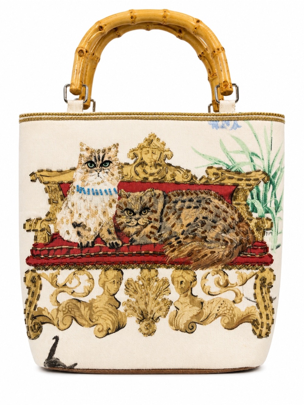 Far Nine Beaded Cat Bamboo Handle Novelty Purse Vintage Whimsical